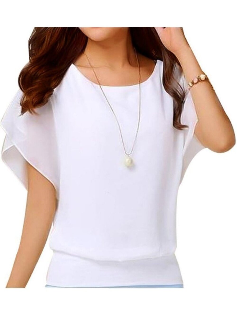 Women's White Elegant Loose Casual Short Sleeve Chiffon Top T Shirt Blouses